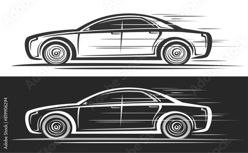 Vector logo for Sedan Car, automotive decorative banner with simple contour illustration of monochrome luxury elegant concept car in moving, contour clipart running sedan on black and white background