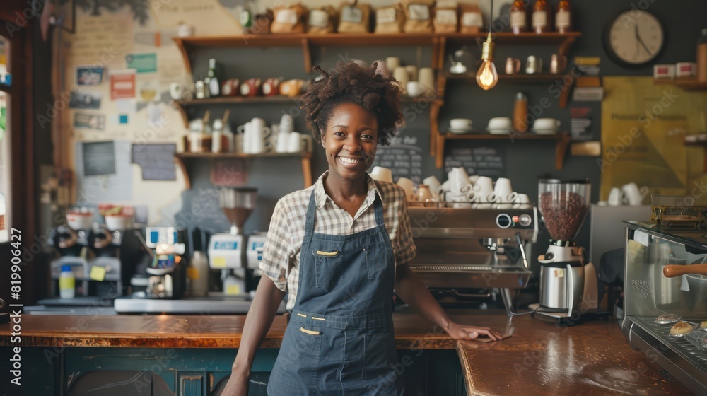 A determined entrepreneur stands at the counter of their cozy coffee shop, surrounded by the aroma of freshly brewed coffee and the promise of a warm, inviting atmosphere. 