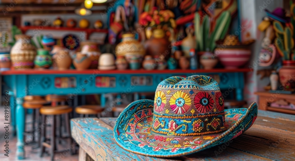 Colorful Cowboy Hat on Wooden Table