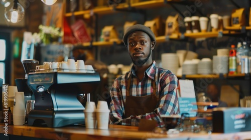 A determined entrepreneur stands at the counter of their beloved coffee shop  their entrepreneurial spirit driving them to succeed in the competitive coffee industry. 