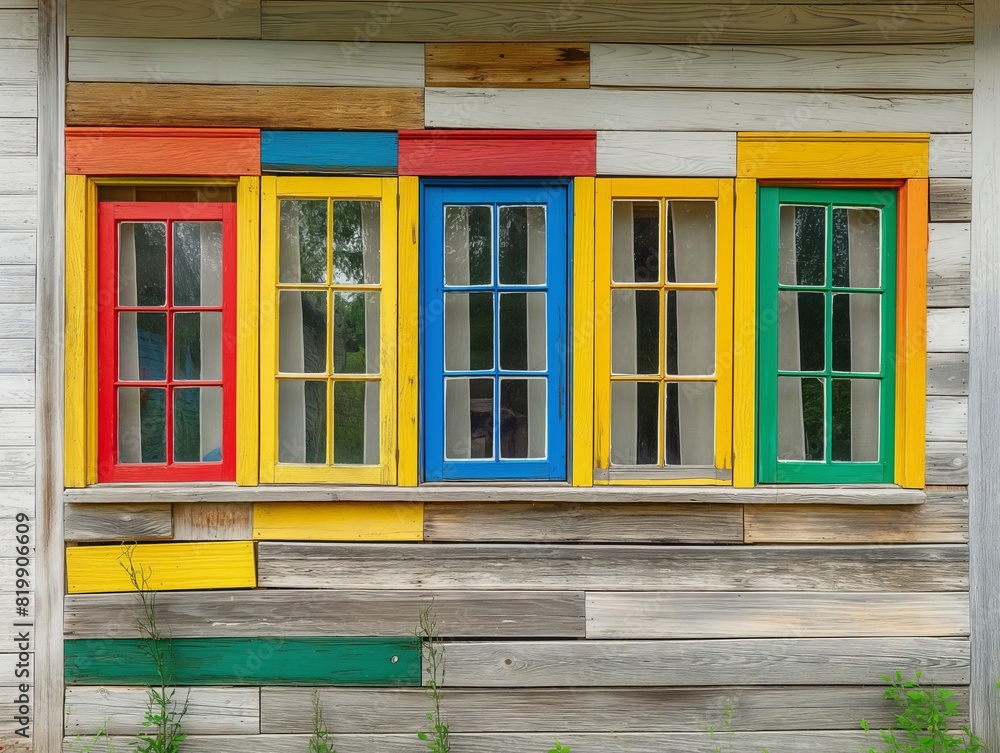 A colorful house with a window that has a blue stripe A colorful house with a window that has a blue stripe
