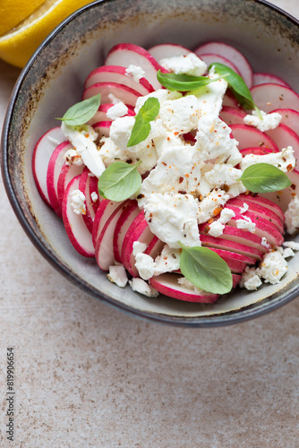 Salad with fresh radish, feta cheese and green basil, vertical shot on a beige stone surface, closeup
