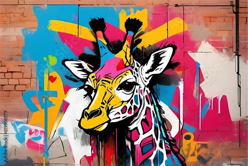 Giraffe a spray painted in the brick wall  street art concept.