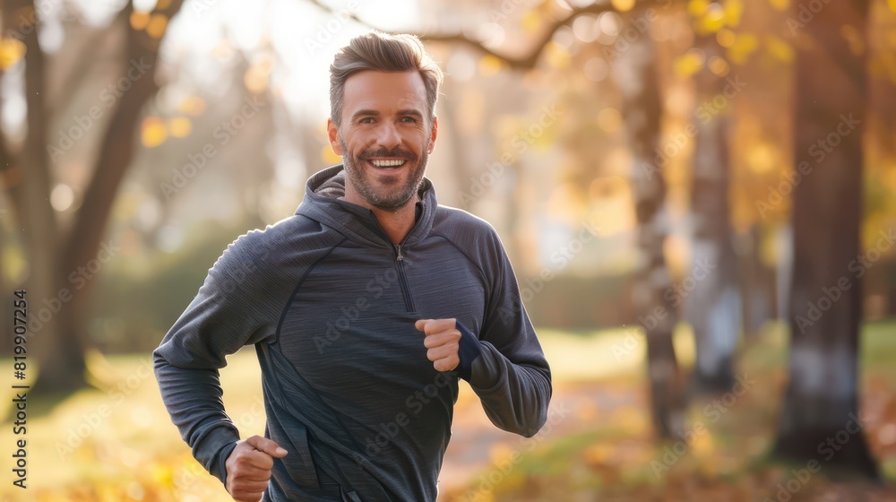 A healthy man enjoys a morning walk in the fresh air, his cheerful disposition evident in his smiling face and lively stride. A healthy man enjoys a morning walk in the fresh air, his cheerful disposition evident in his smiling face and lively stride.