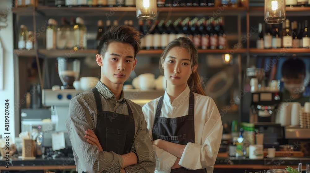 A pair of young cafe employees poses for the camera, their restful expressions mirroring the tranquil atmosphere of the wine shelf behind them. 