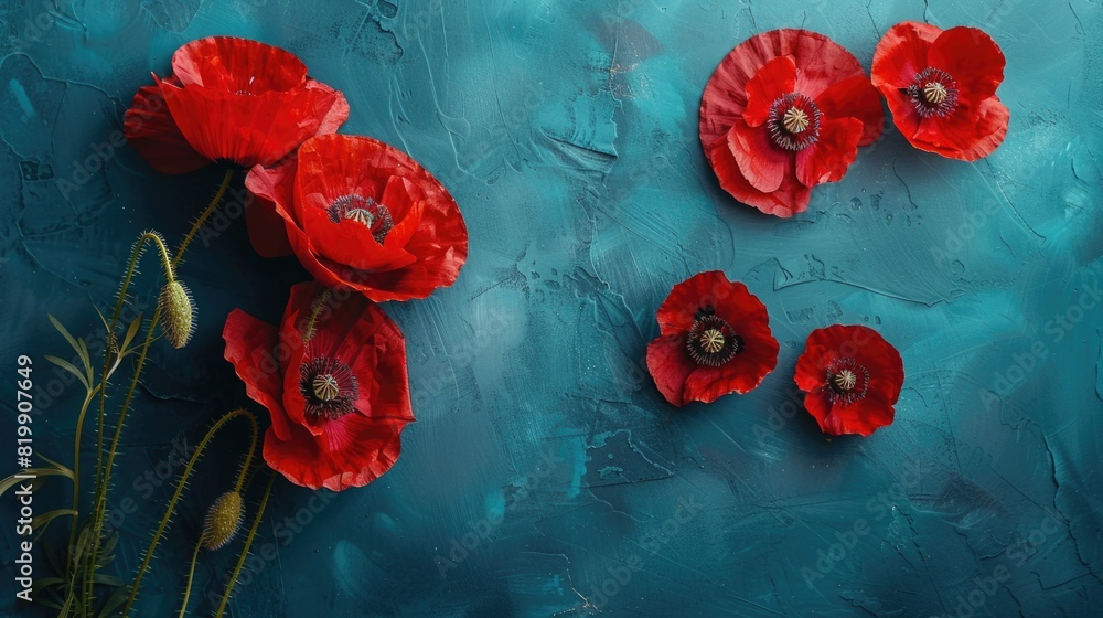 Banner with paper cut red poppy flower, symbol for remembrance, memorial, anzac day concept blue grunge background Banner with paper cut red poppy flower, symbol for remembrance, memorial, anzac day concept blue grunge background