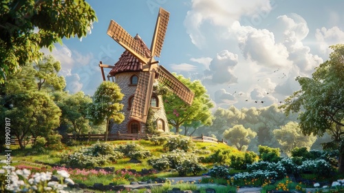 A charming, old-fashioned windmill in a picturesque countryside. photo
