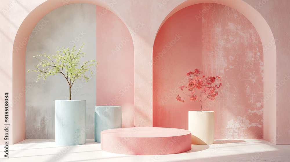 A pink and white room with a pink archway and a pink pedestal A pink and white room with a pink archway and a pink pedestal