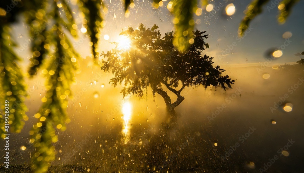 Yellow of the sun setting for a long exposure photograph, with some tree silhouette around and mist from water drops hanging in air
