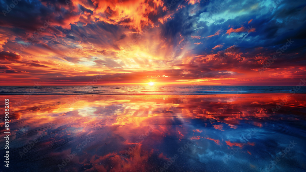 A mesmerizing sunset on the horizon, where the sky is ablaze with shades of red, orange, and gold, blending seamlessly into the cool blues of the approaching night. A mesmerizing sunset on the horizon, where the sky is ablaze with shades of red, orange, and gold, blending seamlessly into the cool blues of the approaching night.