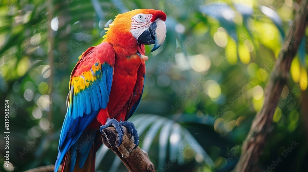 Colorful parrot perched on a branch, highlighting the exotic allure of pet birds. Colorful parrot perched on a branch, highlighting the exotic allure of pet birds.