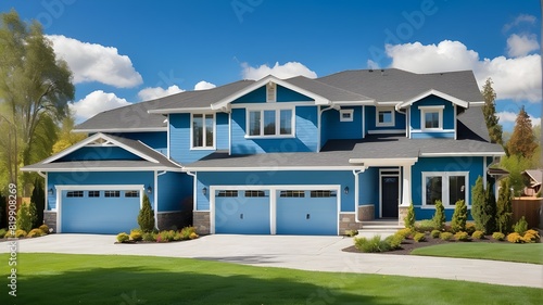 Beautiful exterior of a recently constructed home with a roomy three-car garage and a verdant lawn that shines in the sunlight on a clear day with a sky that is a vivid blue color with white clouds st © Amjad art