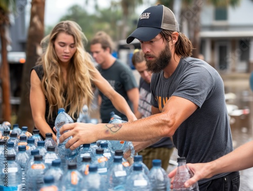 Individuals distribute bottled water to people in need, highlighting community support and relief efforts during a crisis photo