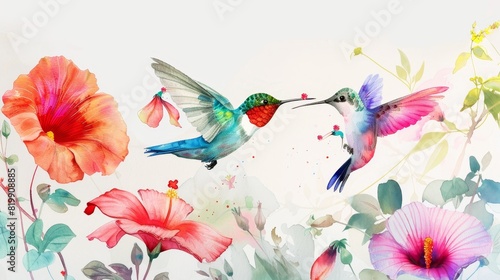 beautiful and colorful image of hummingbirds on flowers