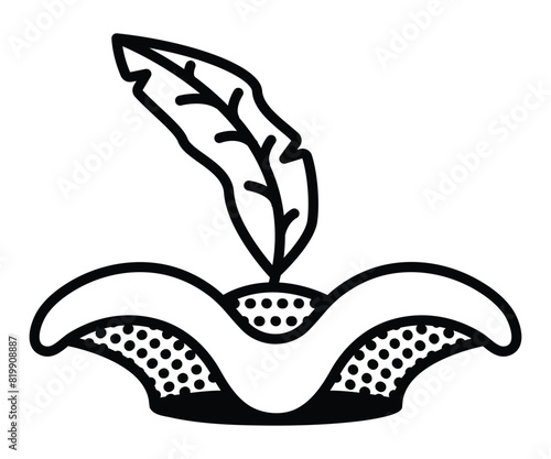 Pirate hat with feather, corsair nautical costume part, sea bandit headdress, vector black line illustration