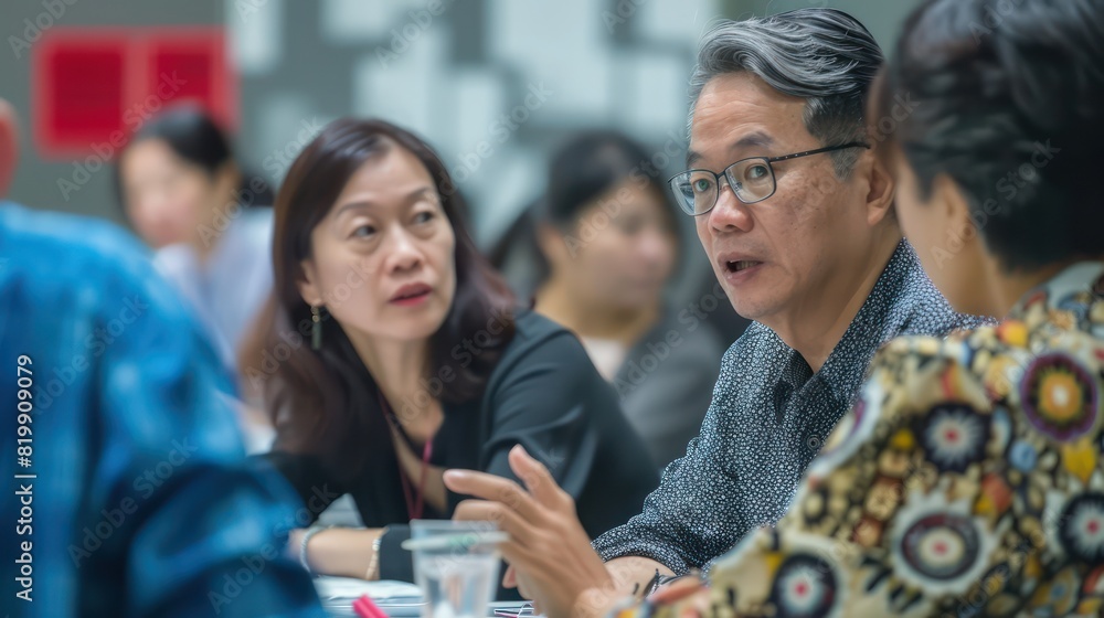 Obraz premium Asian professionals exchanging feedback and constructive criticism during a workshop peer review session.