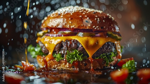 Capture a sumptuous, side view shot of a dripping, juicy burger with cascading cheese and vibrant toppings, beautifully enhancing its layers in stunning food photography