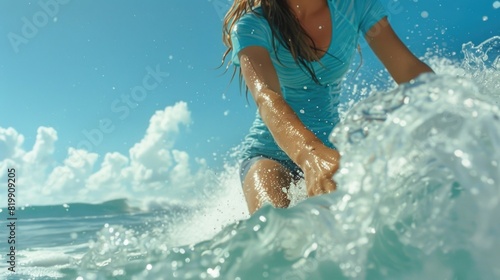 A woman riding a wave on top of a surfboard. Suitable for sports and outdoor activities