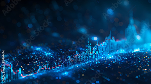 An LED panel with a blue stock exchange market graph is used for business analysis. Economic and financial graphs.