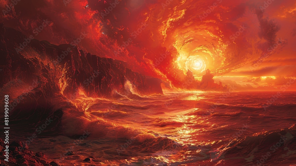 Craft a dramatic, panoramic view of a fiery sunset over a tumultuous ocean Show towering waves crashing against jutting cliffs, shrouded in a crimson glow of anger and passion Craft a dramatic, panoramic view of a fiery sunset over a tumultuous ocean Show towering waves crashing against jutting cliffs, shrouded in a crimson glow of anger and passion