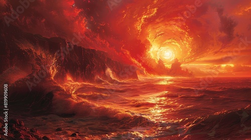 Craft a dramatic  panoramic view of a fiery sunset over a tumultuous ocean Show towering waves crashing against jutting cliffs  shrouded in a crimson glow of anger and passion