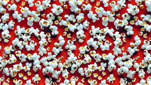 Scattered Popcorn Kernels on a Bright Red Background