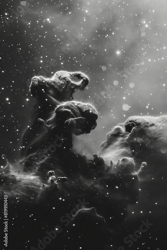 Black and White Cosmic Horsehead Nebula with Starry Background © wayne