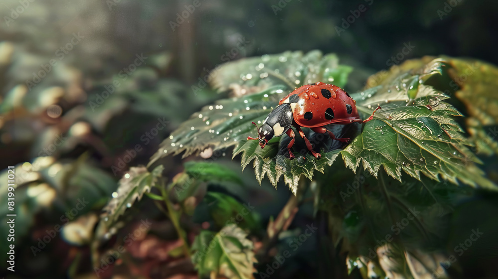 Ladybug on Leaf with Water Droplets in Forest Setting Ladybug on Leaf with Water Droplets in Forest Setting