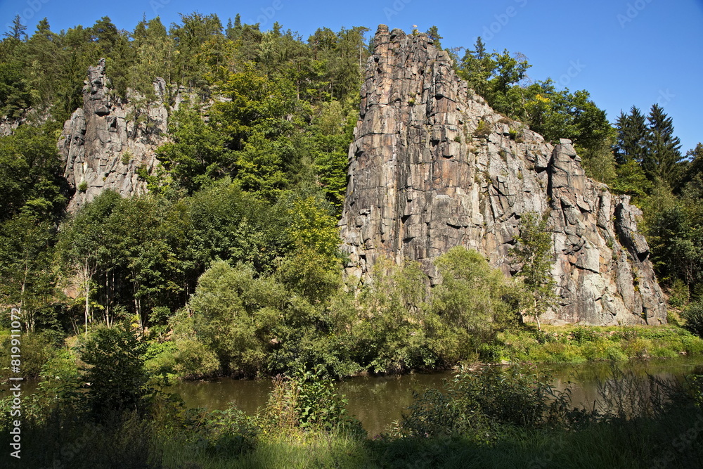 View of Svatosske skaly (Svatos Rocks) at the river Ohre (Eger) at Loket in Czech Republic, Europe
