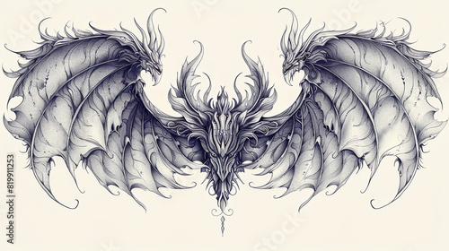 tattoo illustration, scary, sharp monster with wings, gothic, floral decorations