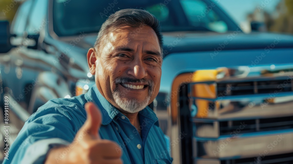 A confident Hispanic salesman giving a thumbs-up gesture while standing next to a shiny truck on display. A confident Hispanic salesman giving a thumbs-up gesture while standing next to a shiny truck on display.