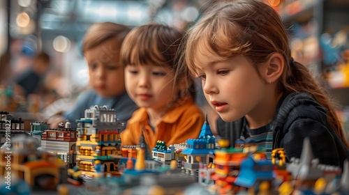 A group of kids engrossed in a cooperative game of building a massive Lego city