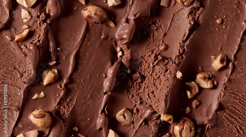 top view of chocolate hazelnut ice cream surface, a closeup of the chocolate hazelnut ice cream texture, highlighting its creamy chocolate base with pieces of hazelnuts