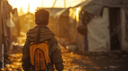 A refugee kid with a backpack strolling through a bustling street