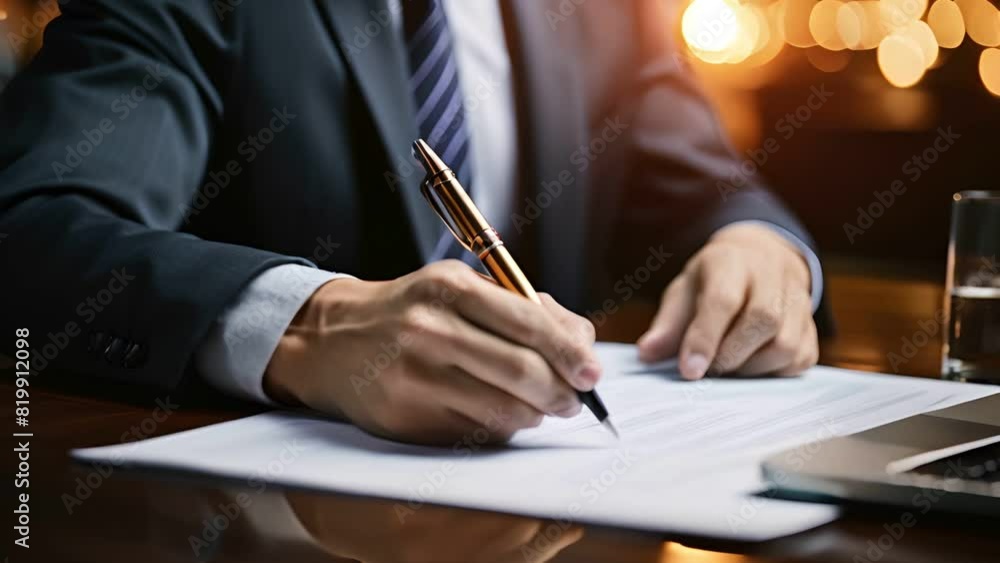 Close up business man signing contract on desk in office , business approve , signing contract , agreement and working document permit Close up business man signing contract on desk in office , business approve , signing contract , agreement and working document permit