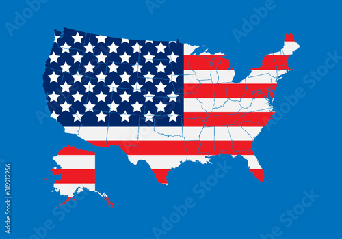 Mapa con la bandera de los Estados Unidos de América en fondo azul.