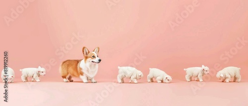 Pembroke Welsh Corgi herding sheep,with Pastel Peach background,free space, with copy space for text photo
