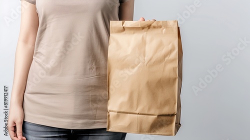 Close up female holds in hand brown clear empty blank craft paper bag for takeaway isolated on white background Packaging template mock up Delivery service concept Copy space Advertisi : Generative AI