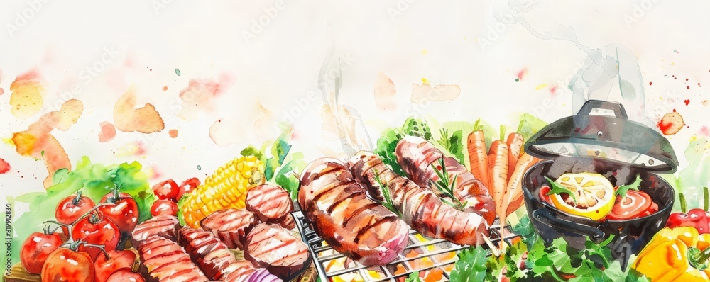 A colorful assortment of food, including meat, vegetables, and fruit, having a barbecue, bbq, illustrations, summer activities.