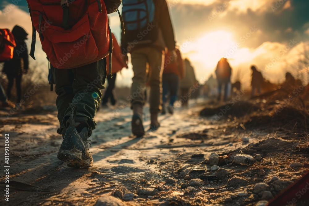 Refugees travel across rough terrain at sunset, their shadows stretching along the path