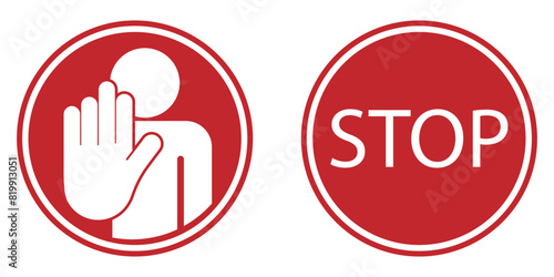 Bundle set round sign do not enter, prohibition with stop palm hand gesture in red isolated label
