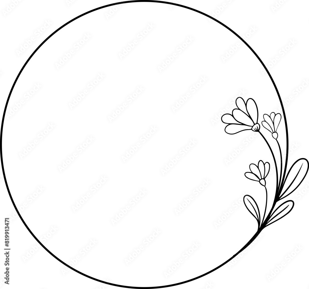 Hand drawn floral botanical round border, leaves and flowers, wedding invitations and cards, logo design and poster template Hand drawn floral botanical round border, leaves and flowers, wedding invitations and cards, logo design and poster template