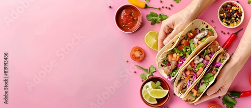 Tacos being filled with fresh ingredients at a taco stand,with Pastel Pink background,free space, with copy space for text