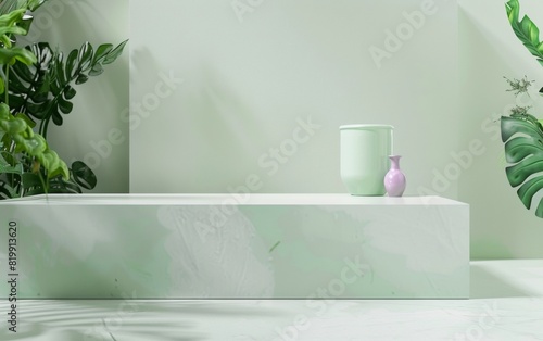 Fresh Pastel Green Kitchen Display with Modern Glass Podium and Natural Leaves  Capturing a Healthy and Clean Lifestyle Mood