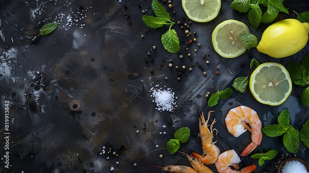Elevated view of lemon slices mint leaves and shrimps on table with black pepper and salt : Generative AI Elevated view of lemon slices mint leaves and shrimps on table with black pepper and salt : Generative AI