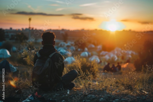 A refugee sits on a hill, watching the sun set in solitude photo