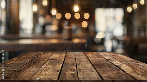 Wooden board empty table in front of blurred background Perspective brown wood over blur in coffee shop can be used for display or montage your productsMock up your productsVintage fi : Generative AI