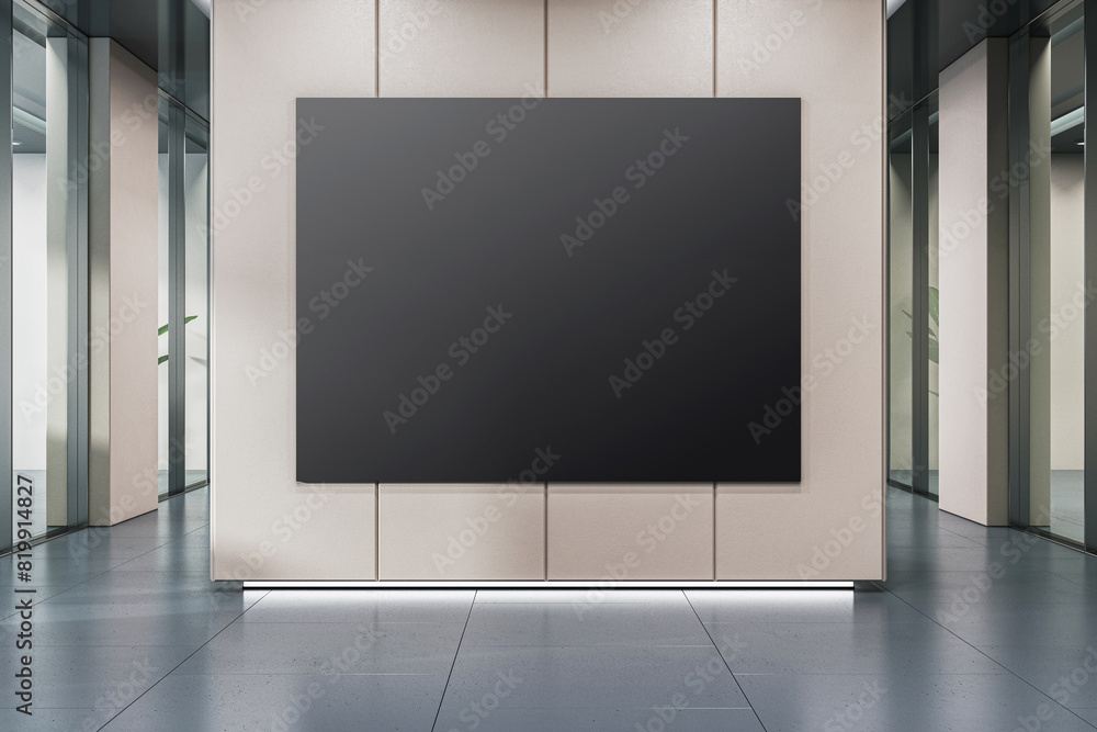 A large black poster on a light wall in a modern corridor, symbolizing a mockup for branding or signage display. 3D Rendering A large black poster on a light wall in a modern corridor, symbolizing a mockup for branding or signage display. 3D Rendering
