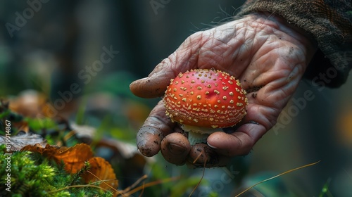Red fly agaric in hand of old man, danger of poisonous mushroom. Generative AI