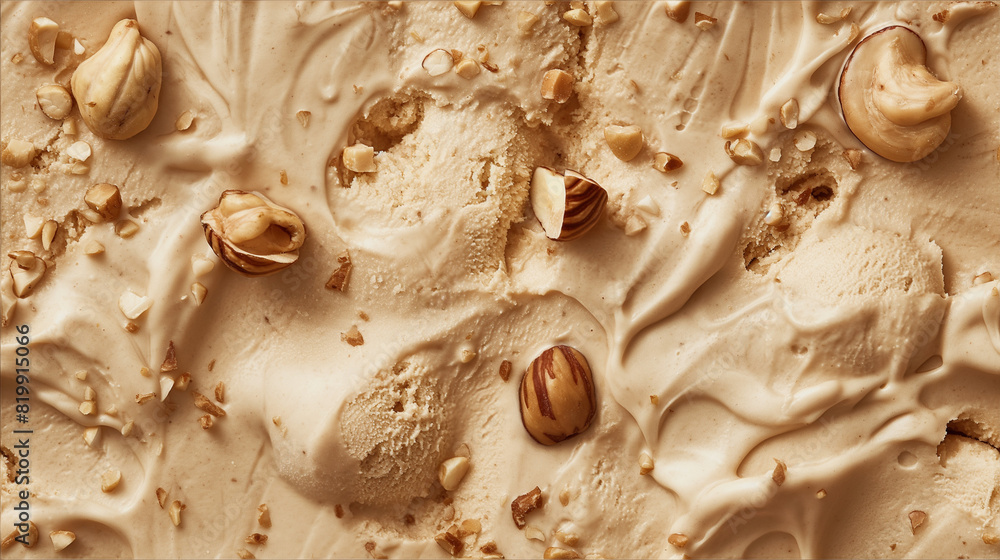 top view of hazelnut ice cream surface, a closeup of the hazelnut ice cream texture, displaying its creamy base with a light brown color and pieces of hazelnuts top view of hazelnut ice cream surface, a closeup of the hazelnut ice cream texture, displaying its creamy base with a light brown color and pieces of hazelnuts